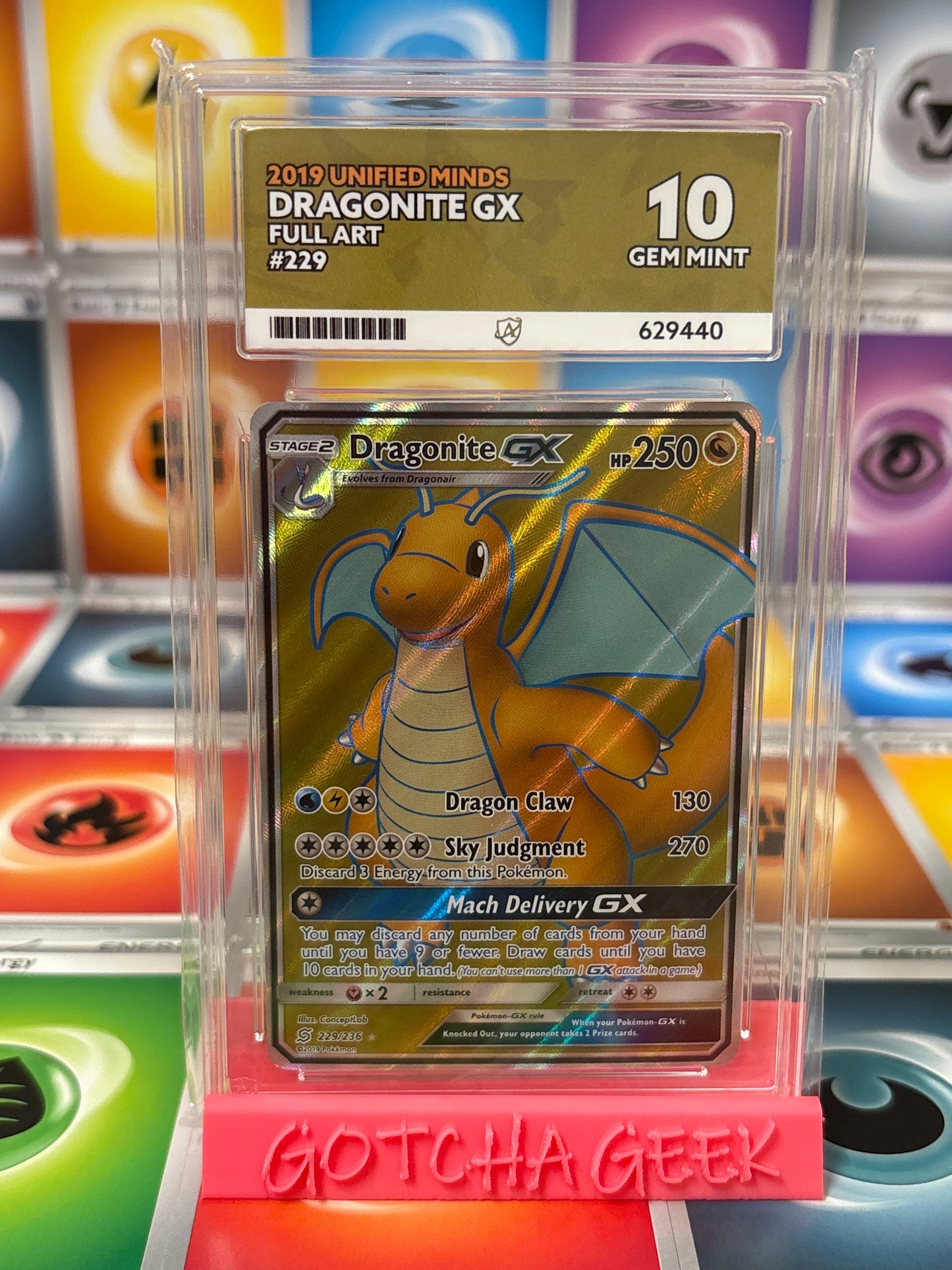 2019 Unified Minds - Dragonite GX - Full Art - 229 - ACE 10 GEM MINT