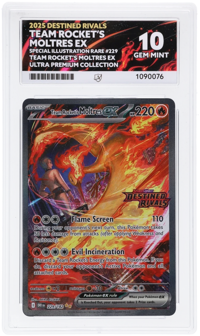 2025 Destined Rivals Team Rocket's Moltres ex #229/182 Special Illustration Rare Additional Information Team Rocket's Moltres ex Ultra Premium Collection — Ace GEM MINT 10 — front