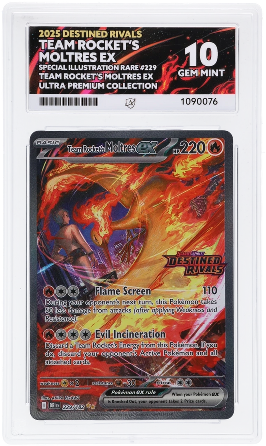 2025 Destined Rivals Team Rocket's Moltres ex #229/182 Special Illustration Rare Additional Information Team Rocket's Moltres ex Ultra Premium Collection — Ace GEM MINT 10 — front