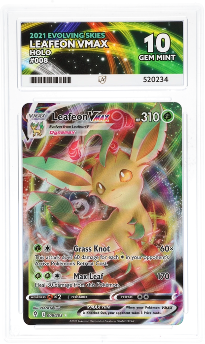 2021 Evolving Skies Leafeon VMAX #008/203 Holo — Ace GEM MINT 10 — front